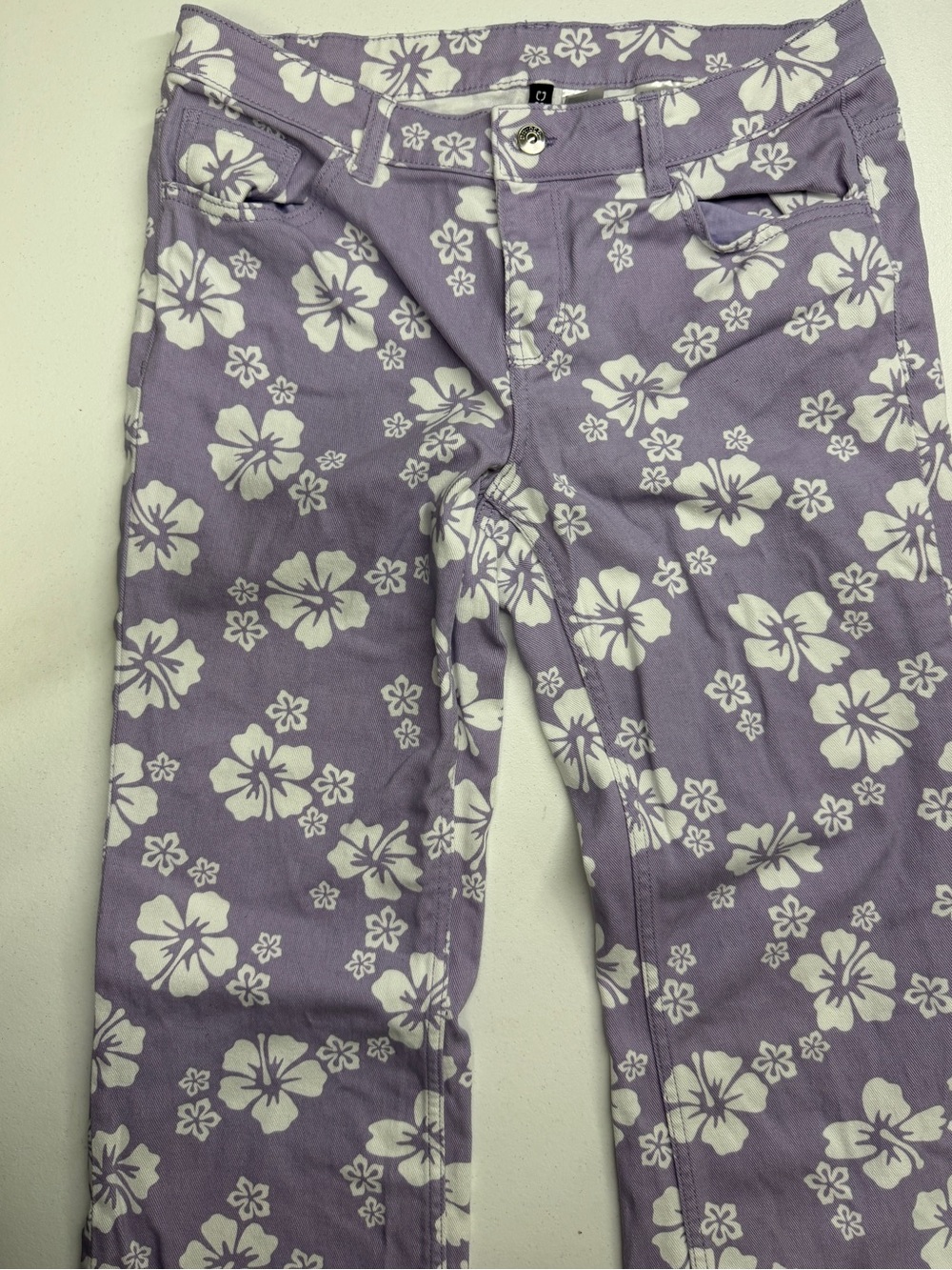 H&M Divided Womens 10 Purple Hibiscus Floral Low Rise Flare Pants Y2K